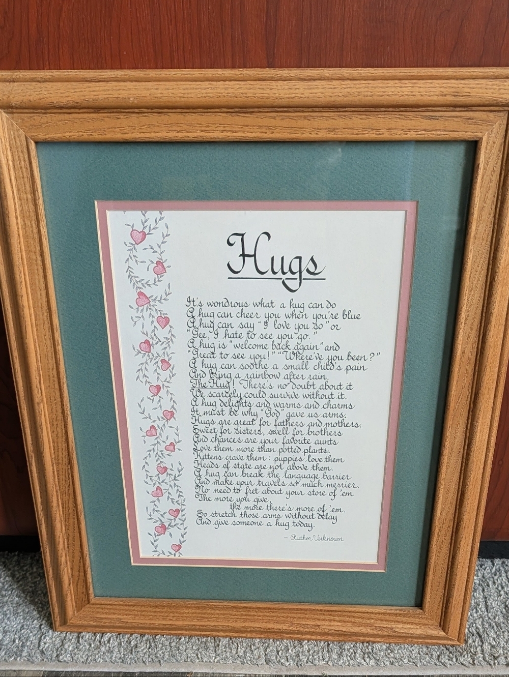 Handcrafted "Hugs" Poem Framed Inspiration for your HOME